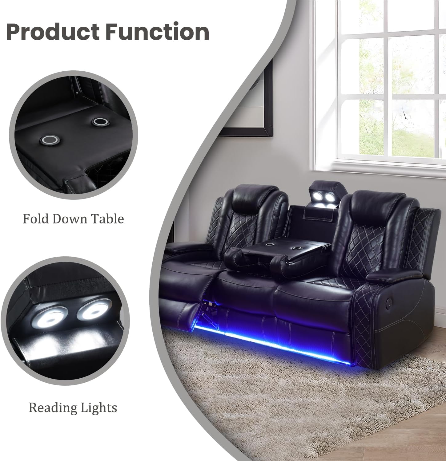 Power Recliner Set with LED Lights, Air Leather Reclining Set with USB Port/Wireless Charger/Storage Console/Cup Holder for House/HomeTheater/Apt (Black, Sofa Loveseat Chair)
