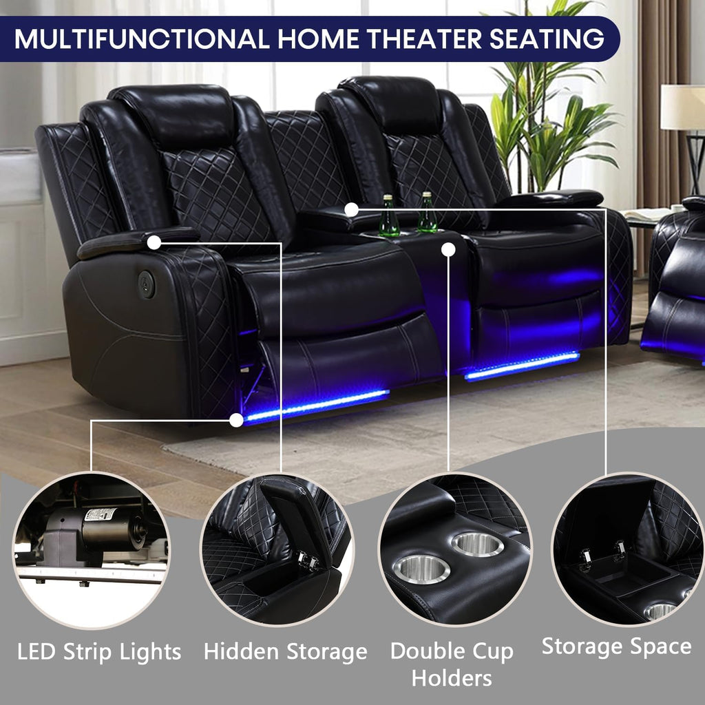 Power Recliner Set with LED Lights, Air Leather Reclining Set with USB Port/Wireless Charger/Storage Console/Cup Holder for House/HomeTheater/Apt (Black, Sofa Loveseat Chair)