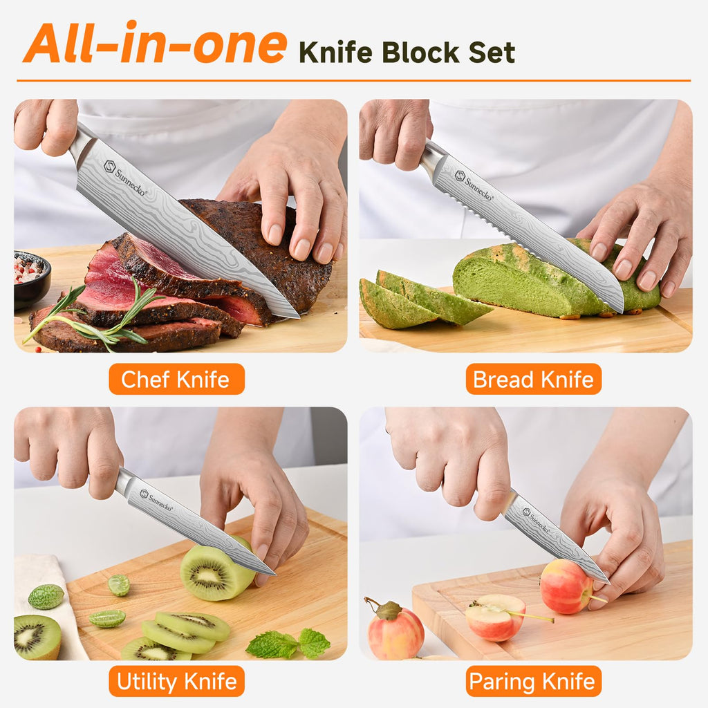 Sunnecko Knife Set with Block and Sharpener, 15 Piece Kitchen Knife Block Set Sharp Kitchen Knives High Carbon Stainless Steel with White Handles