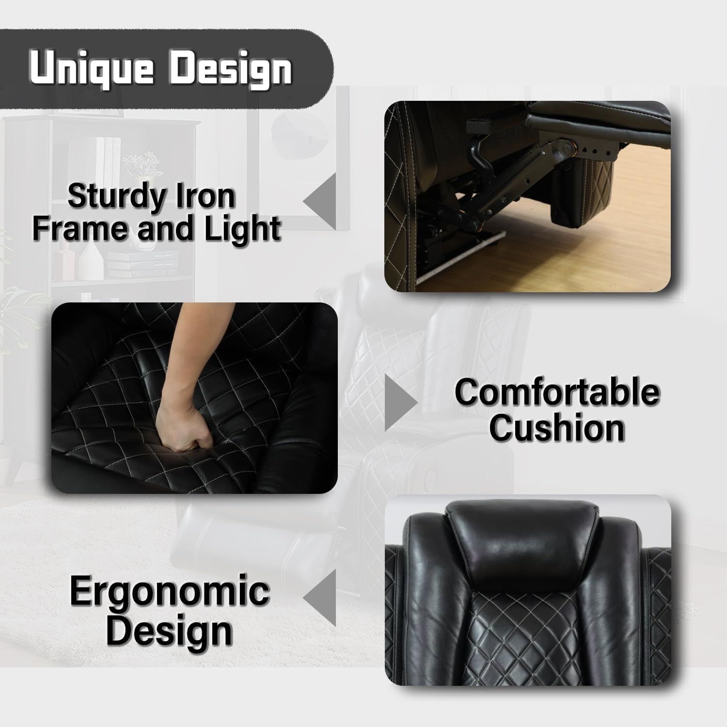 Power Recliner Set with LED Lights, Air Leather Reclining Set with USB Port/Wireless Charger/Storage Console/Cup Holder for House/HomeTheater/Apt (Black, Sofa Loveseat Chair)