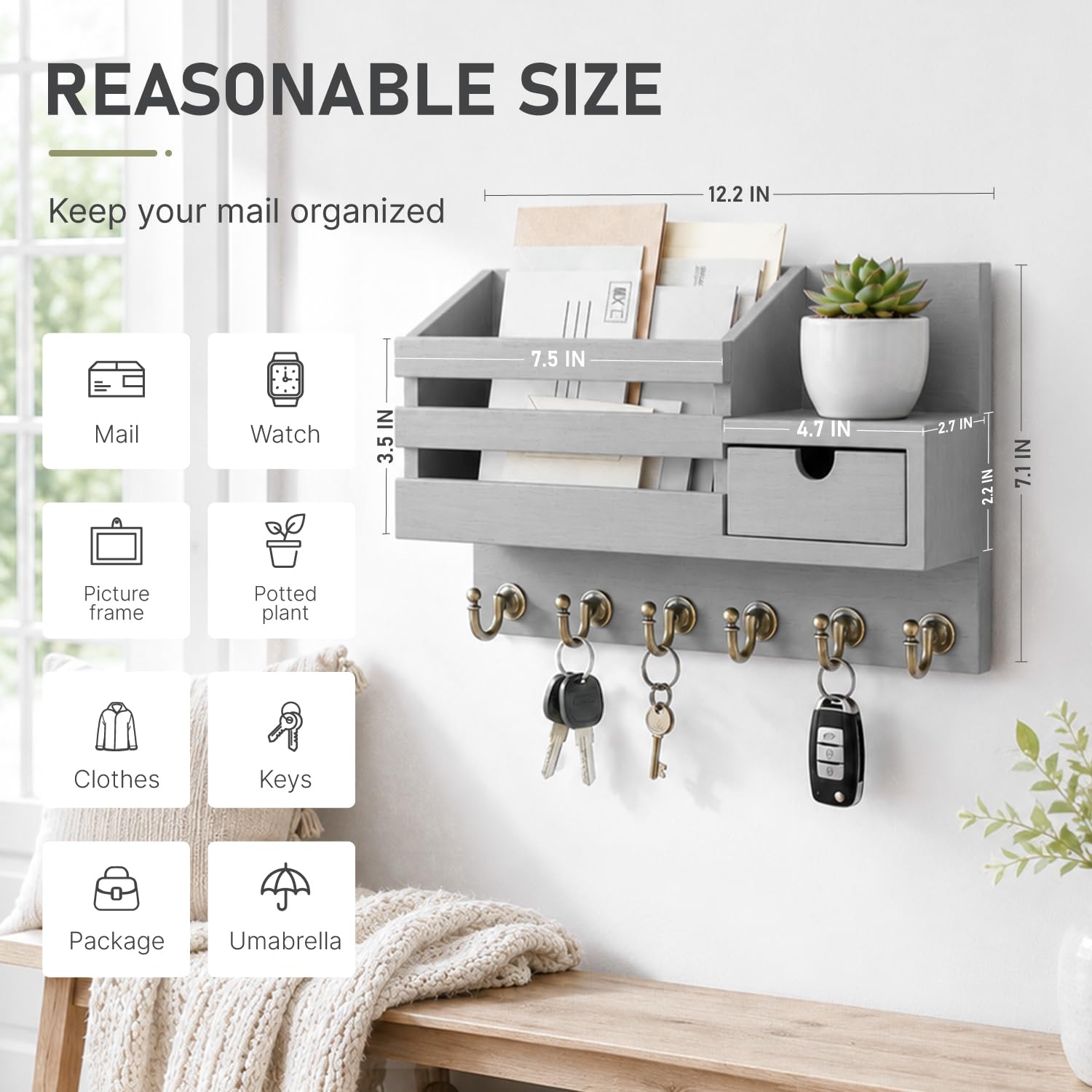 FifthQuarter Key and Mail Holder for Wall, Mail Organizer Wall Mount with 6 Hooks and Storage Drawer, Easy Installation Key Rack for Entryway and Home Decor (A-Black)