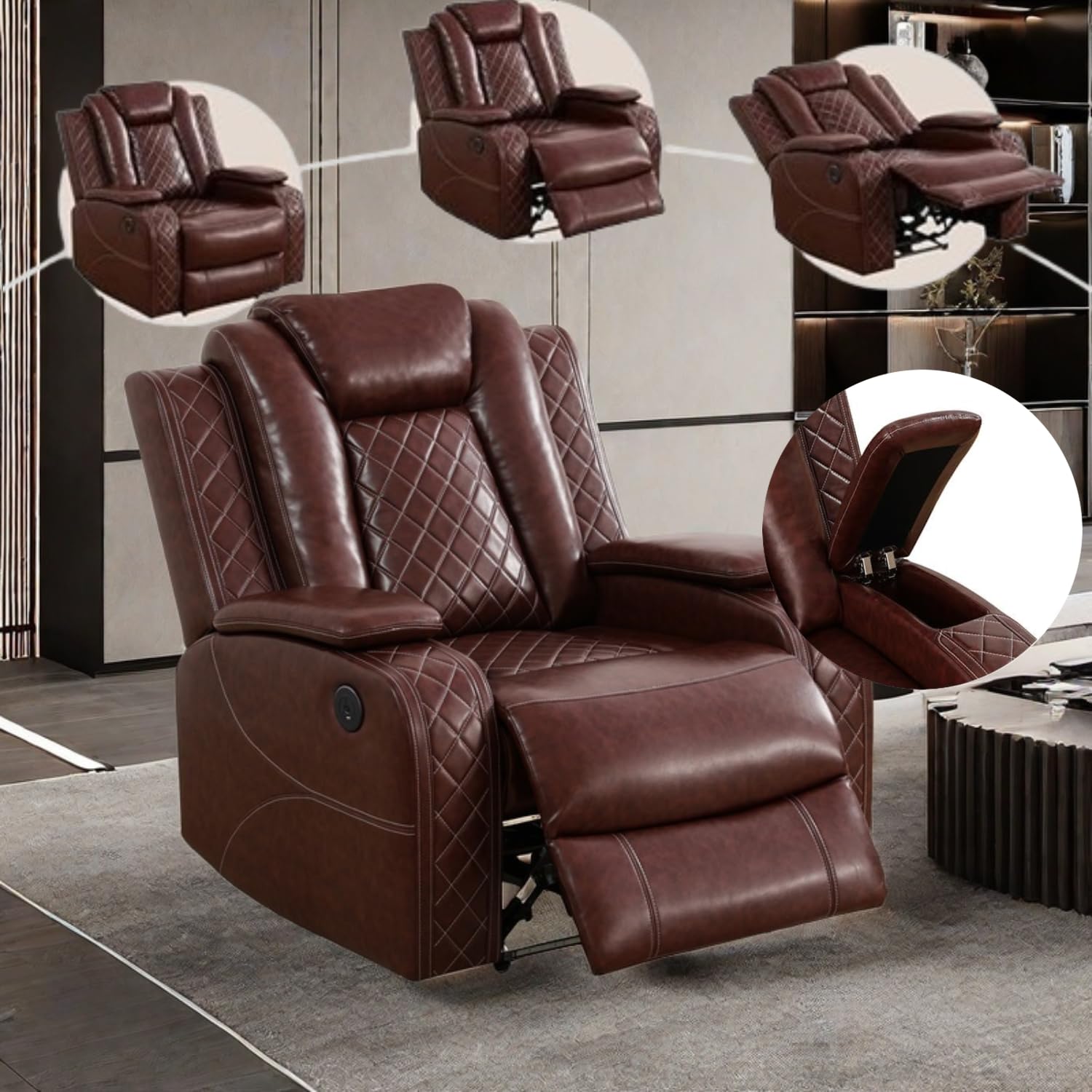 Power Recliner Set with LED Lights, Air Leather Reclining Set with USB Port/Wireless Charger/Storage Console/Cup Holder for House/HomeTheater/Apt (Black, Sofa Loveseat Chair)