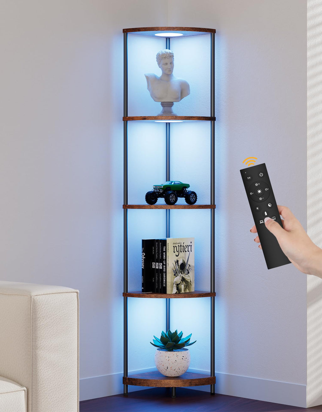 Corner Shelf with RGBCW LED Light, 64.5” Tall Floor Lamp Narrow Bookshelf Organizer, Standing Shelves with Metal Pole, Display Storage Rack for Wall Corner, Living Room, Bedroom, Office Décor, Black