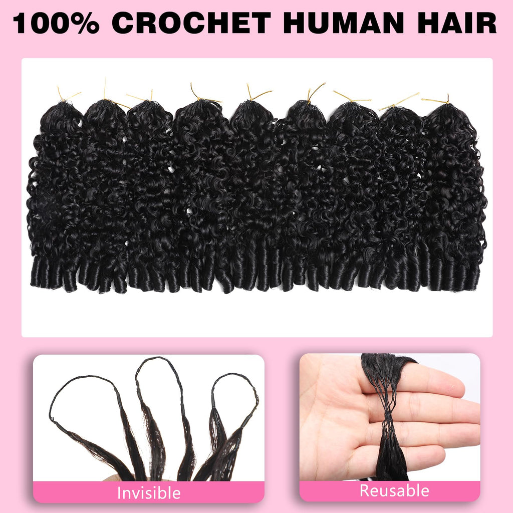Beauty Queen Burmese Curly Crochet Human Hair 16inch 120g Knotless Pre-Separated Feather Human Crochet Hair Lightweight Reusable Remy Hair Extensions With Spiral Curl for Women Natural Black Color