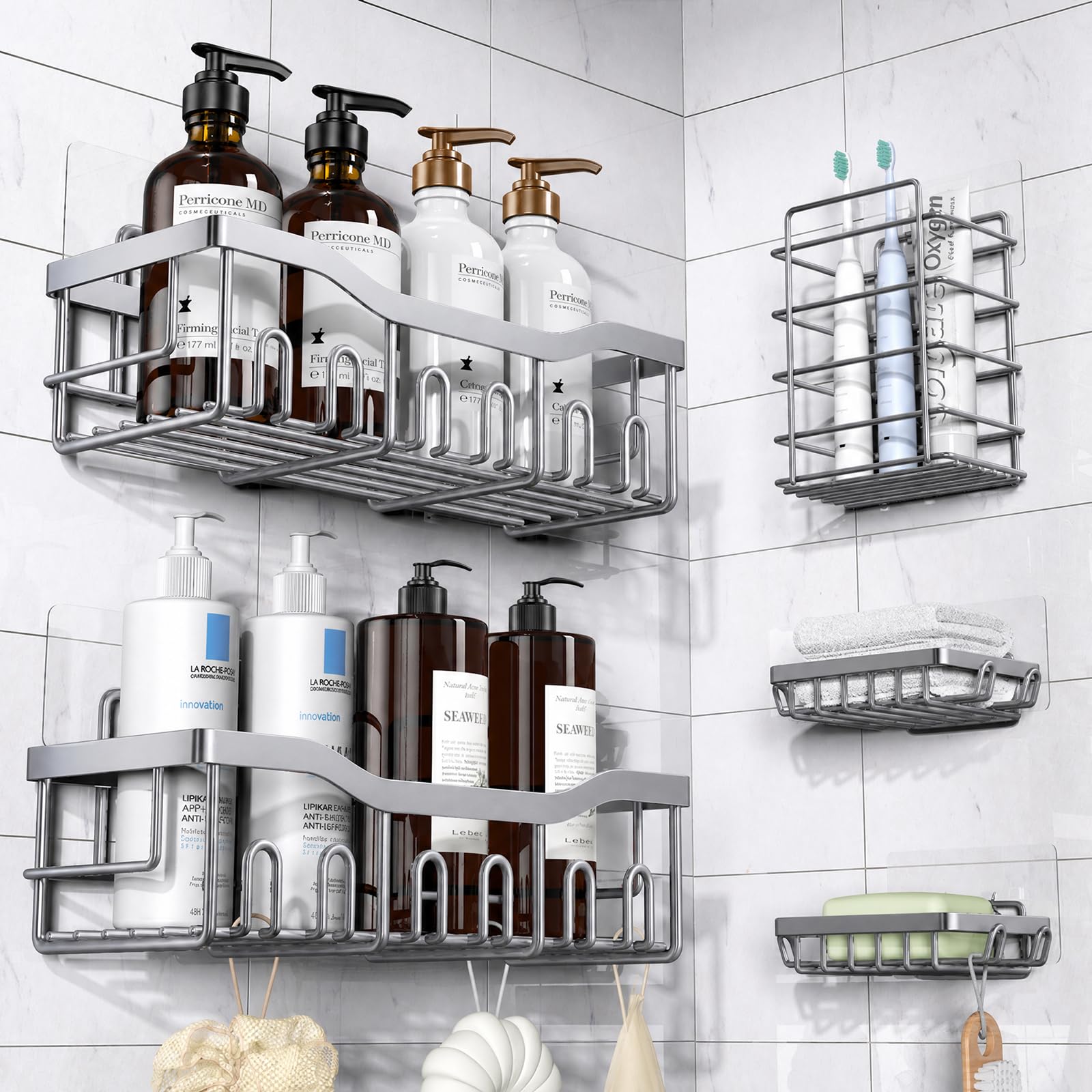EUDELE Adhesive Shower Caddy, 5 Pack Rustproof Stainless Steel Bath Organizers With Large Capacity, No Drilling Shelves for Bathroom Storage & Home Decor