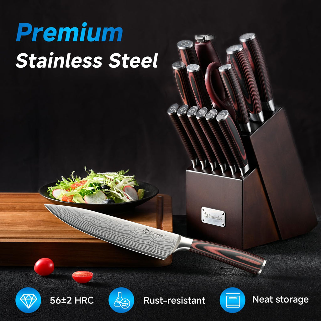 Sunnecko Knife Set with Block and Sharpener, 15 Piece Kitchen Knife Block Set Sharp Kitchen Knives High Carbon Stainless Steel with White Handles