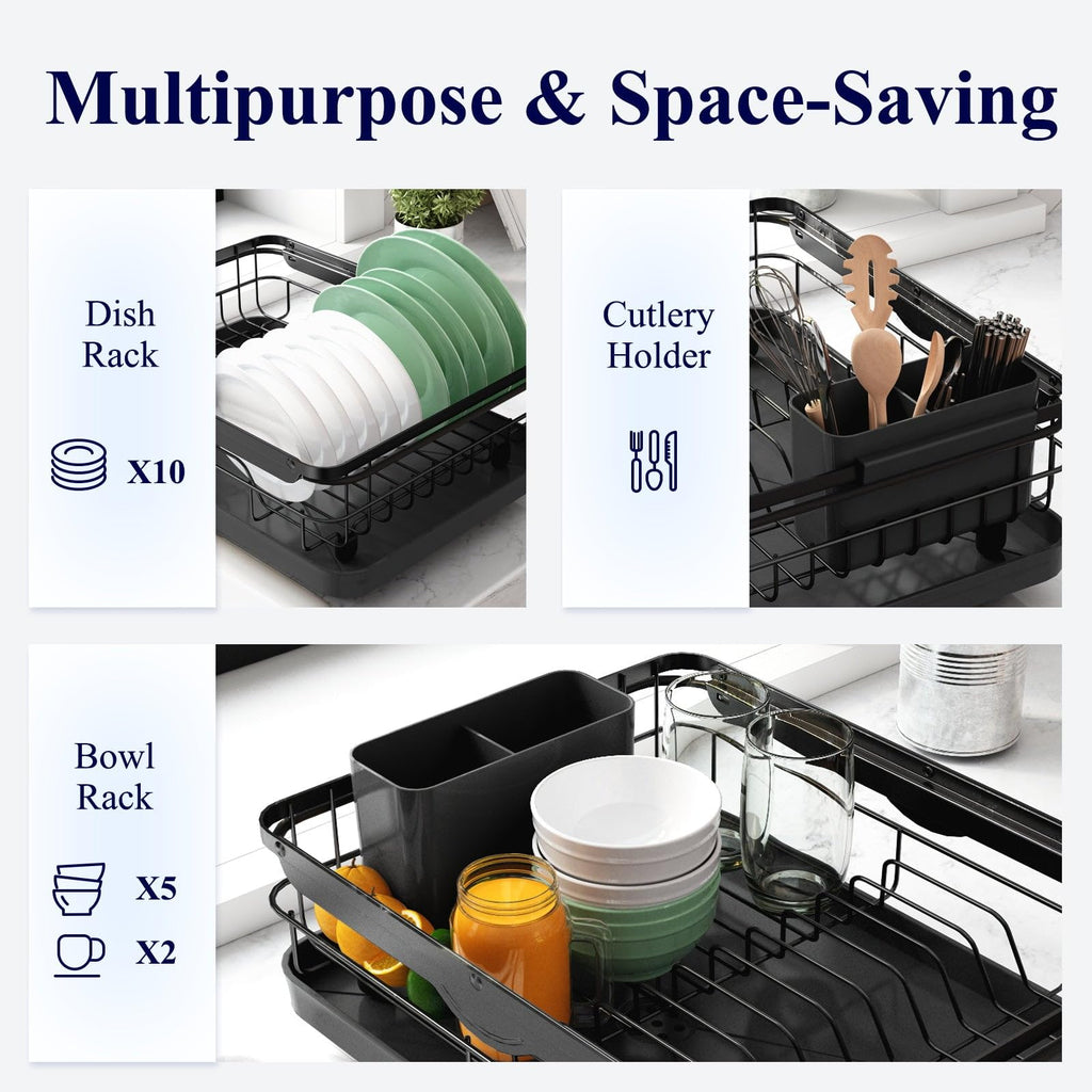 Kitsure Dish Drying Rack for Kitchen Counter, Stainless Steel Sink Organization and Storage Essentials with Cutlery Holder, Home and Appartment Decor, 12''W x 15.5''L, Black