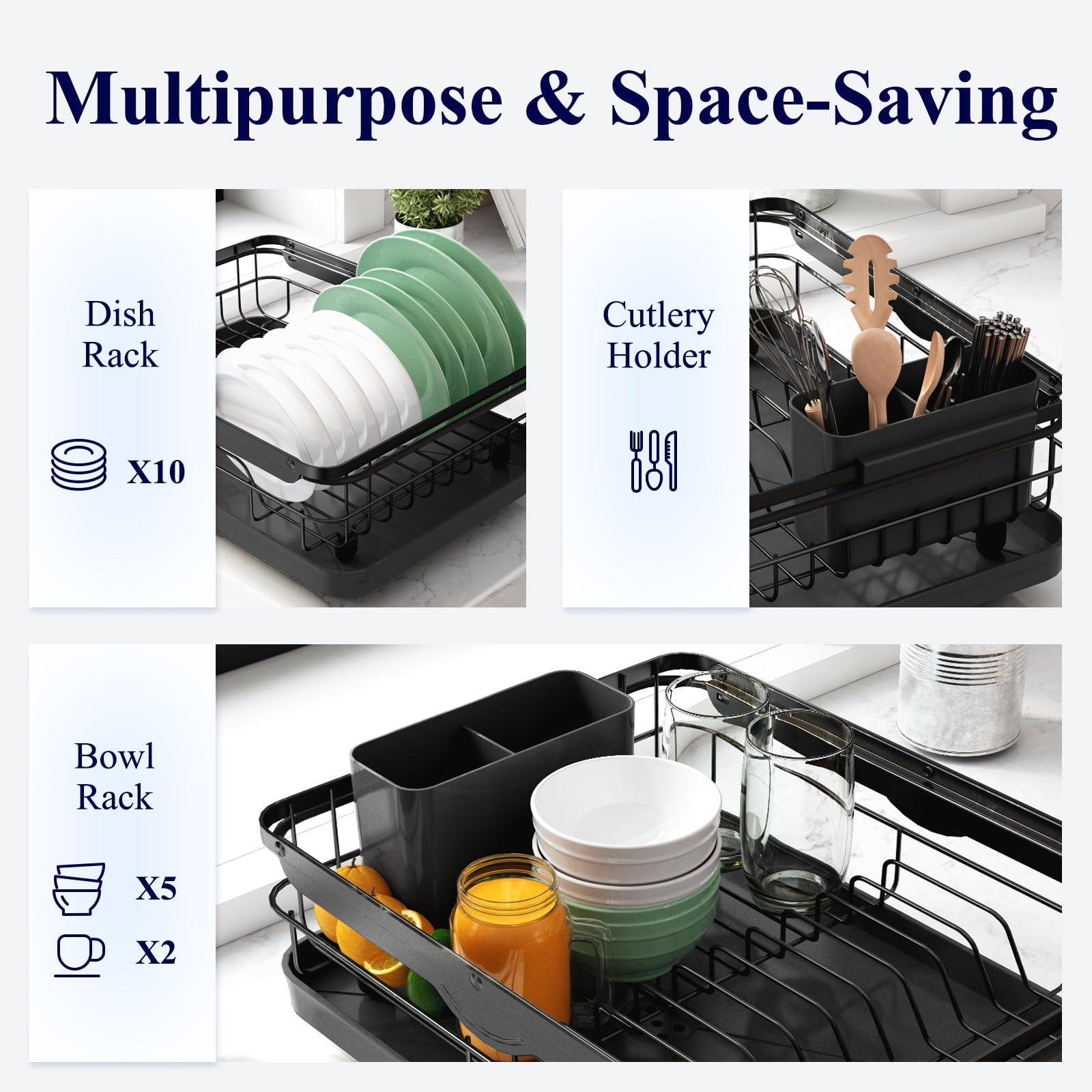 Kitsure Dish Drying Rack for Kitchen Counter, Stainless Steel Sink Organization and Storage Essentials with Cutlery Holder, Home and Appartment Decor, 12''W x 15.5''L, Black