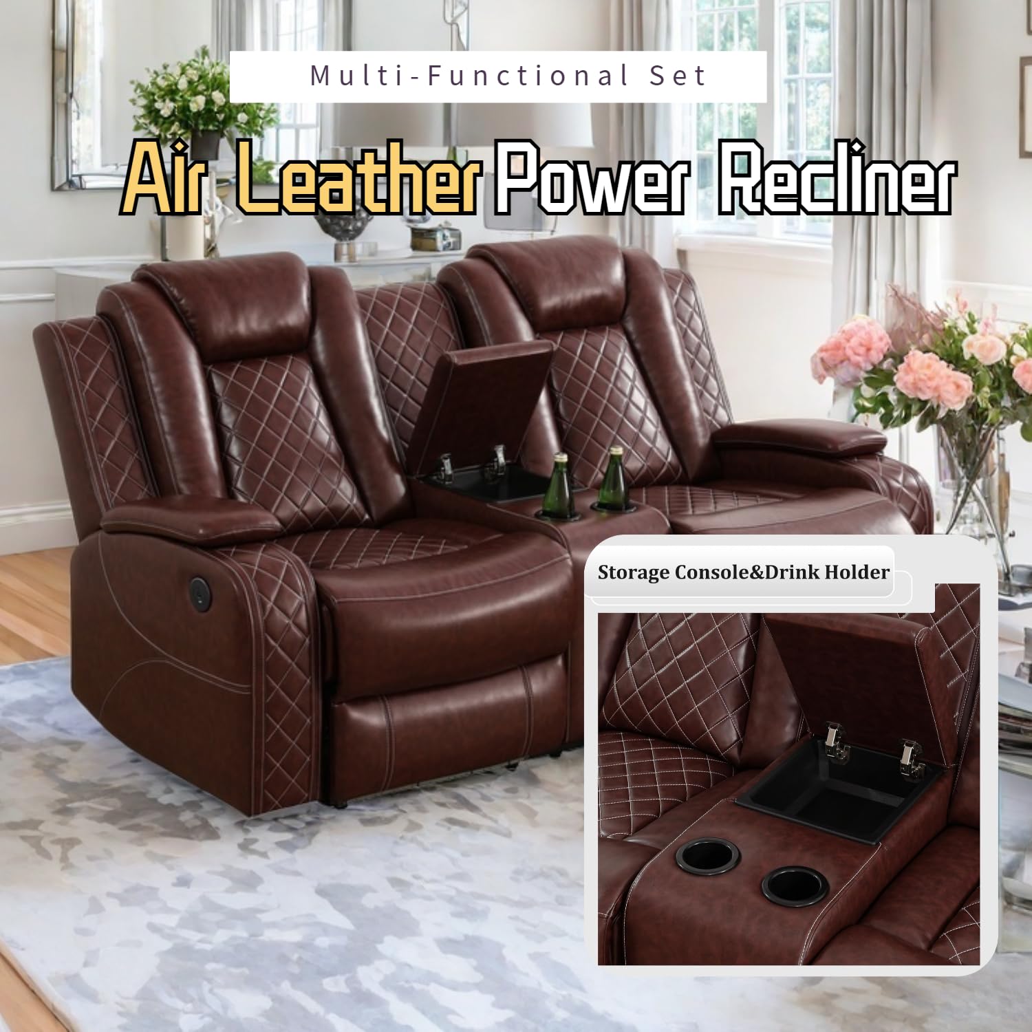 Power Recliner Set with LED Lights, Air Leather Reclining Set with USB Port/Wireless Charger/Storage Console/Cup Holder for House/HomeTheater/Apt (Black, Sofa Loveseat Chair)