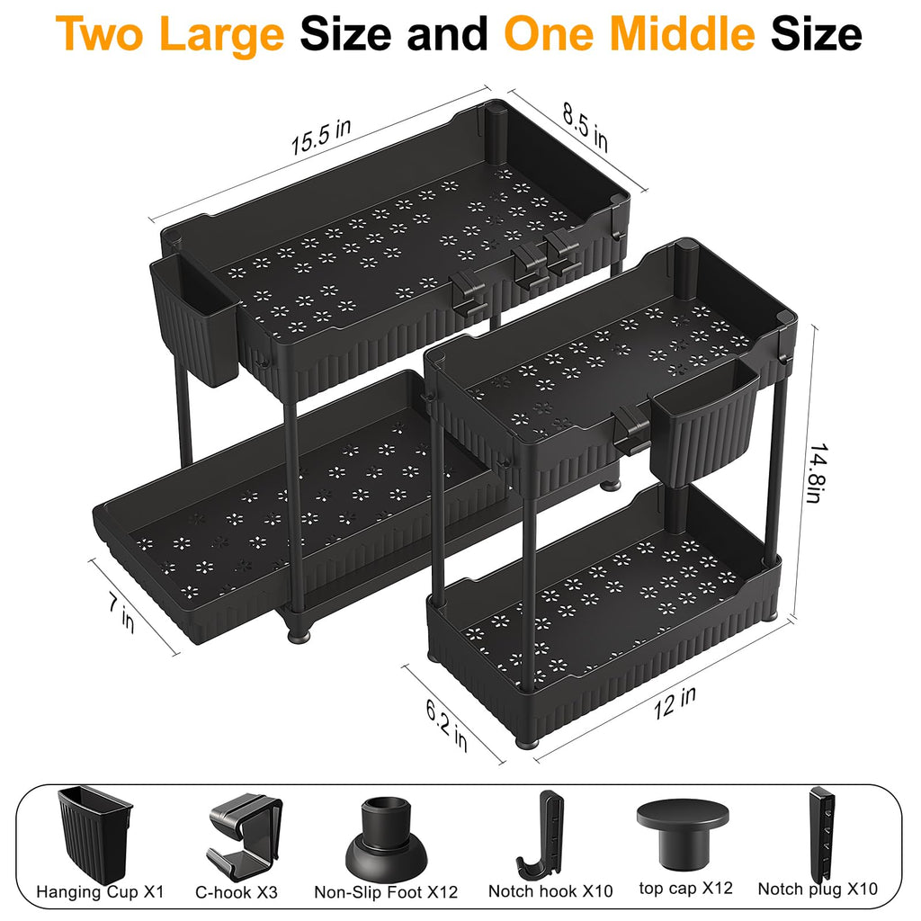 Sevenblue 3 Pack Under Sink Organizers,2-Tier Multi-Use Kitchen and Bathroom Organizers and Storage with Sliding Drawers,Bathroom Cabinet Organizer (Black, 12.8 Inch)