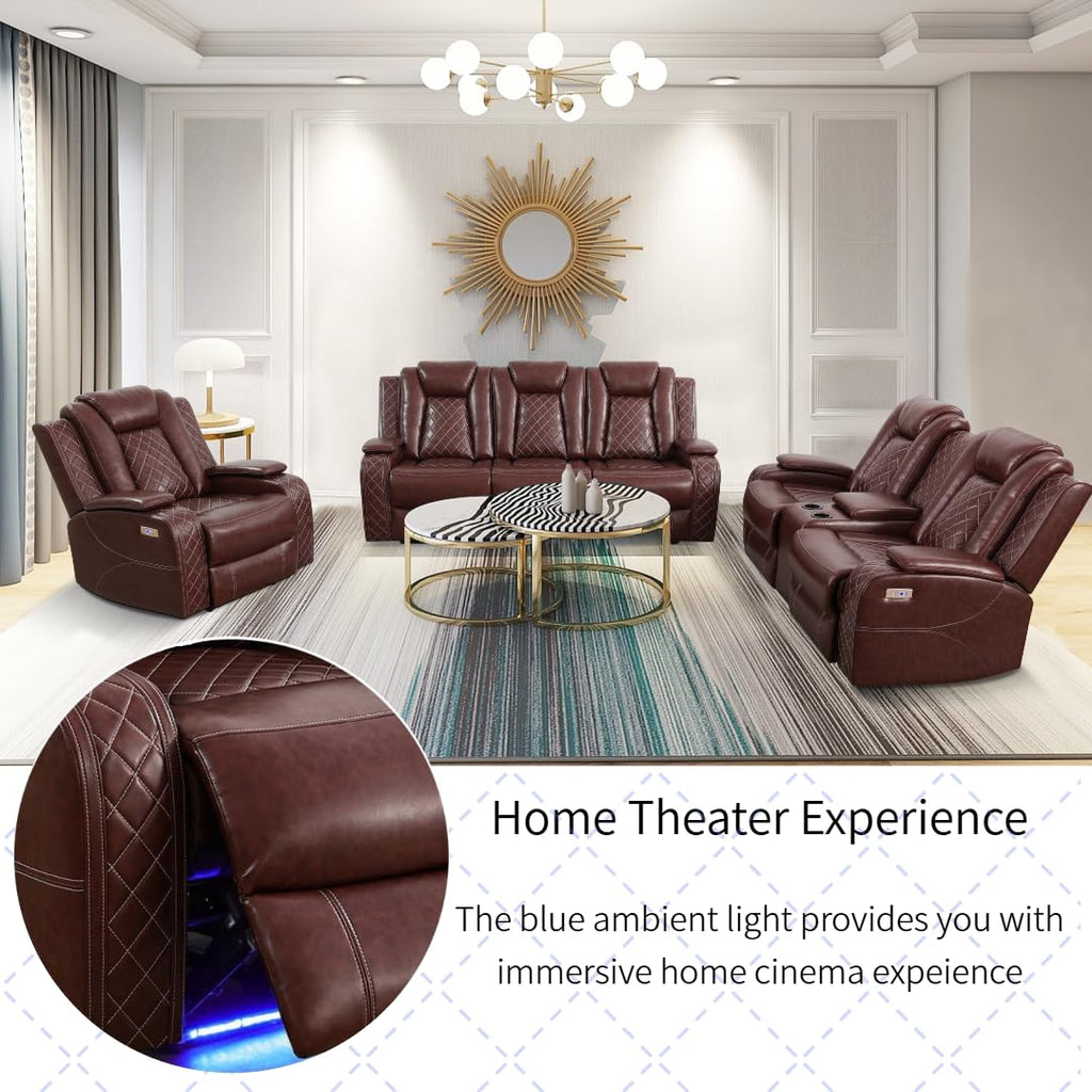 Power Recliner Set with LED Lights, Air Leather Reclining Set with USB Port/Wireless Charger/Storage Console/Cup Holder for House/HomeTheater/Apt (Black, Sofa Loveseat Chair)