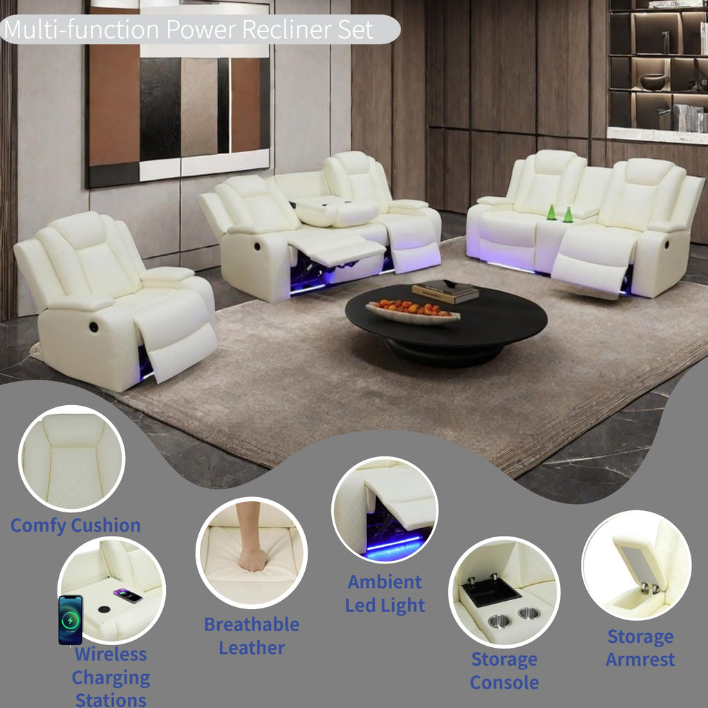 Power Recliner Set with LED Lights, Air Leather Reclining Set with USB Port/Wireless Charger/Storage Console/Cup Holder for House/HomeTheater/Apt (Black, Sofa Loveseat Chair)