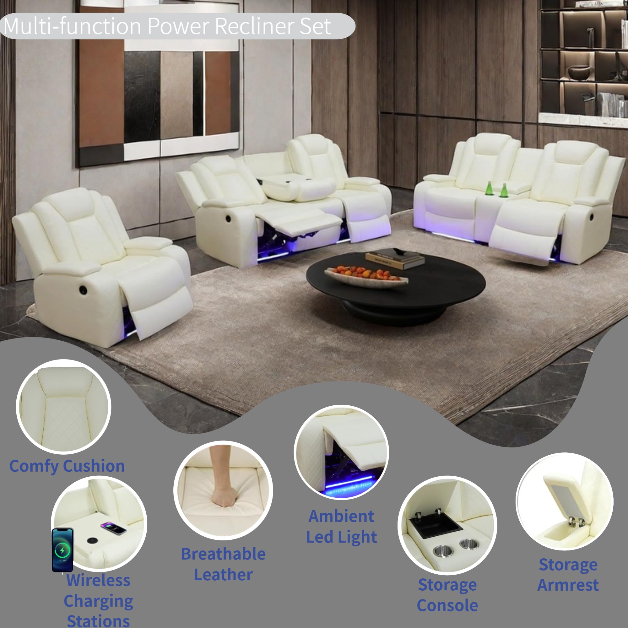 Power Recliner Set with LED Lights, Air Leather Reclining Set with USB Port/Wireless Charger/Storage Console/Cup Holder for House/HomeTheater/Apt (Black, Sofa Loveseat Chair)