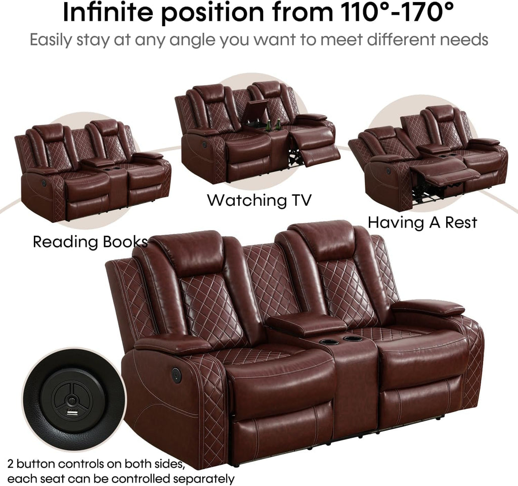 Power Recliner Set with LED Lights, Air Leather Reclining Set with USB Port/Wireless Charger/Storage Console/Cup Holder for House/HomeTheater/Apt (Black, Sofa Loveseat Chair)
