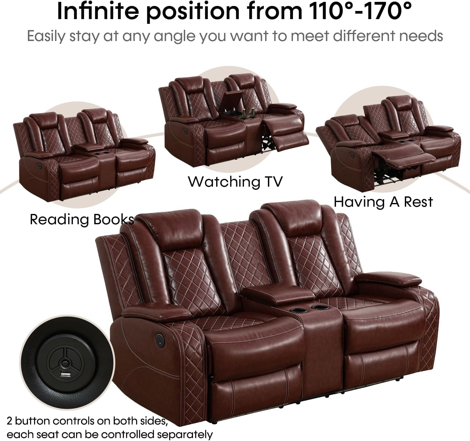 Power Recliner Set with LED Lights, Air Leather Reclining Set with USB Port/Wireless Charger/Storage Console/Cup Holder for House/HomeTheater/Apt (Black, Sofa Loveseat Chair)