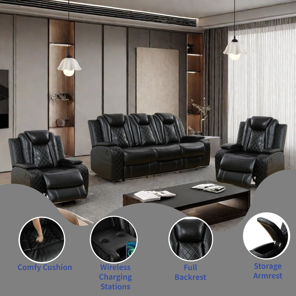 Power Recliner Set with LED Lights, Air Leather Reclining Set with USB Port/Wireless Charger/Storage Console/Cup Holder for House/HomeTheater/Apt (Black, Sofa Loveseat Chair)
