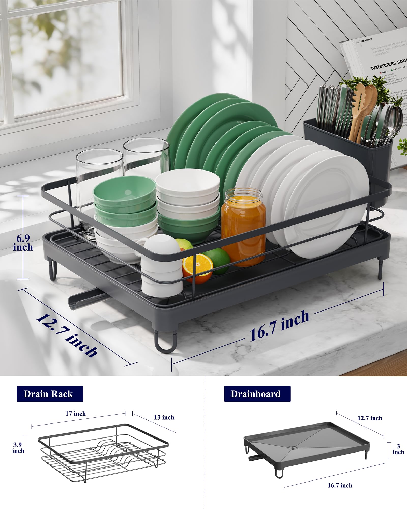Kitsure Dish Drying Rack for Kitchen Counter, Stainless Steel Sink Organization and Storage Essentials with Cutlery Holder, Home and Appartment Decor, 12''W x 15.5''L, Black