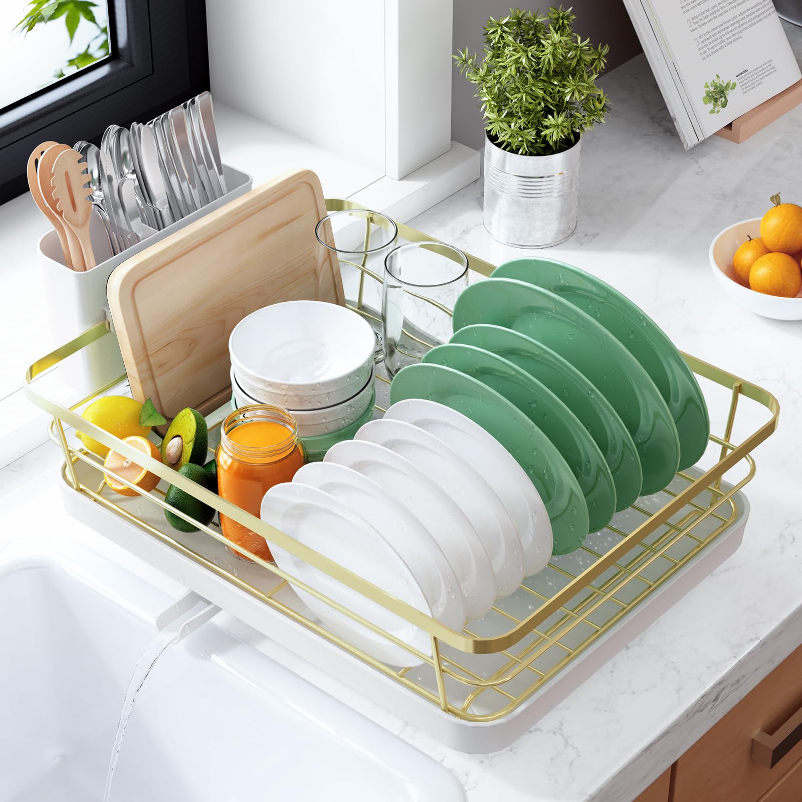 Kitsure Dish Drying Rack for Kitchen Counter, Stainless Steel Sink Organization and Storage Essentials with Cutlery Holder, Home and Appartment Decor, 12''W x 15.5''L, Black