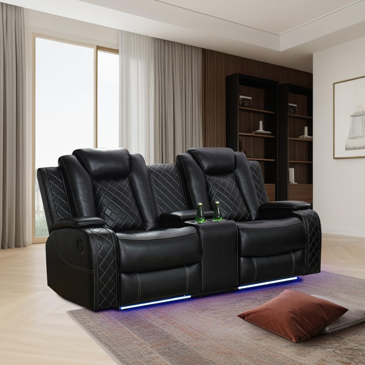 Power Recliner Set with LED Lights, Air Leather Reclining Set with USB Port/Wireless Charger/Storage Console/Cup Holder for House/HomeTheater/Apt (Black, Sofa Loveseat Chair)