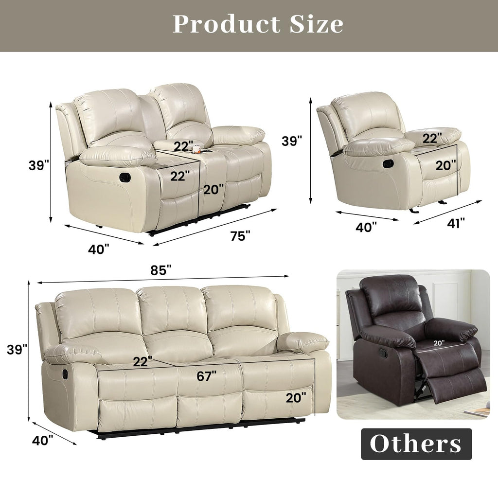 Betsy Furniture 3PC Faux Leather Reclining Couch Set, Living Room Furniture Set, Sofa, Loveseat, Glider, 8018 Multiple Colors (Gray, Sofa+Loveseat+Chair) | 8018