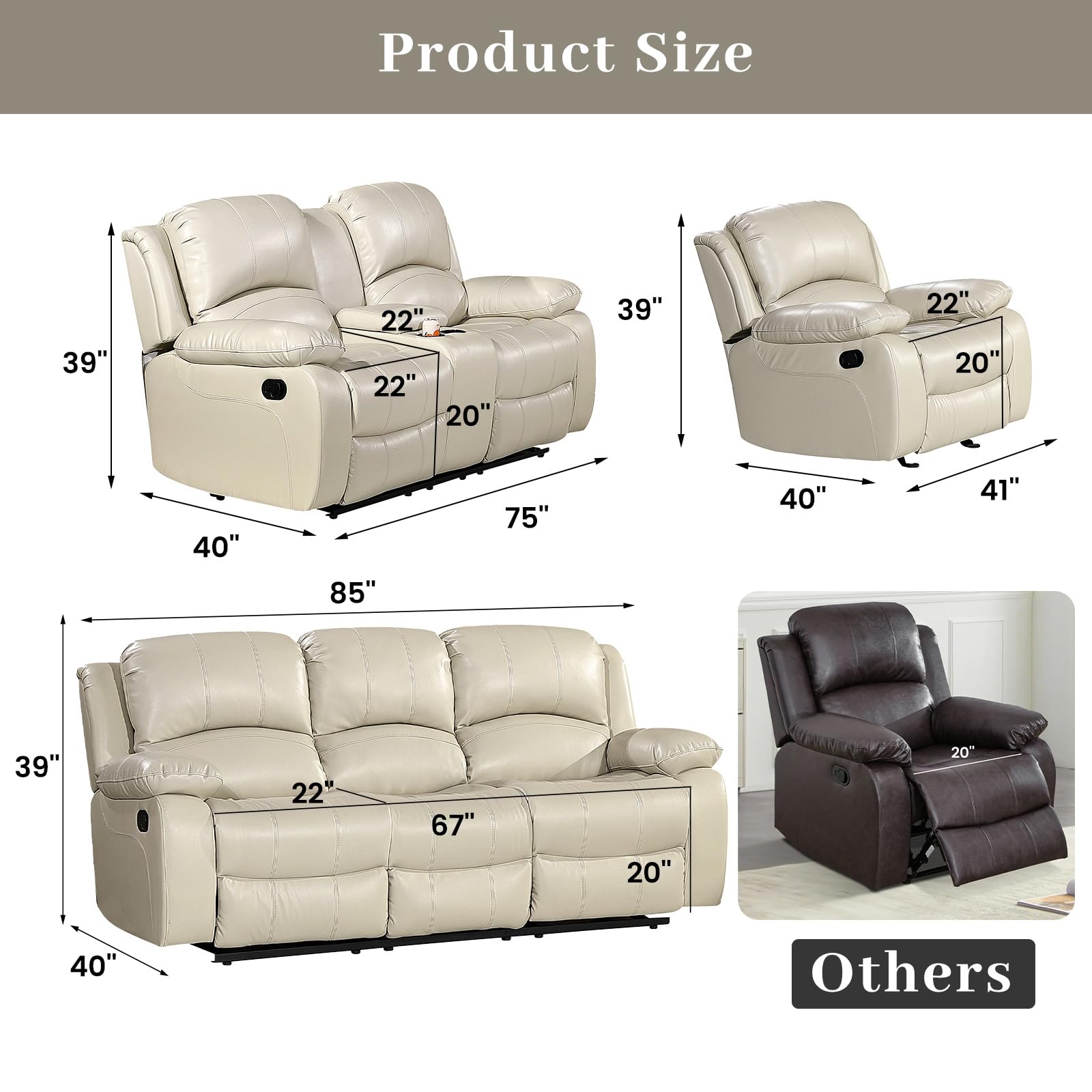 Betsy Furniture 3PC Faux Leather Reclining Couch Set, Living Room Furniture Set, Sofa, Loveseat, Glider, 8018 Multiple Colors (Gray, Sofa+Loveseat+Chair) | 8018