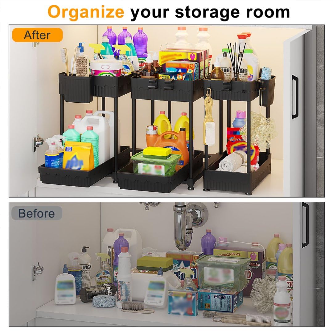 Sevenblue 3 Pack Under Sink Organizers,2-Tier Multi-Use Kitchen and Bathroom Organizers and Storage with Sliding Drawers,Bathroom Cabinet Organizer (Black, 12.8 Inch)