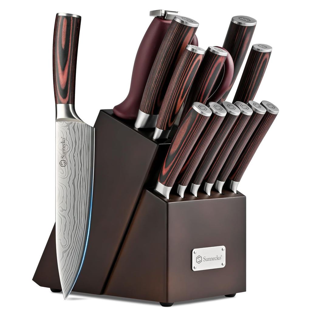 Sunnecko Knife Set with Block and Sharpener, 15 Piece Kitchen Knife Block Set Sharp Kitchen Knives High Carbon Stainless Steel with White Handles