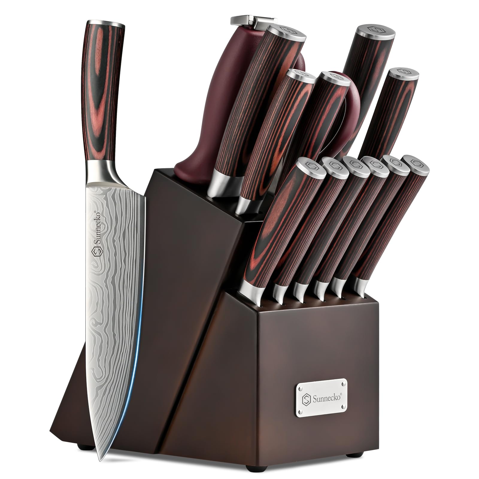 Sunnecko Knife Set with Block and Sharpener, 15 Piece Kitchen Knife Block Set Sharp Kitchen Knives High Carbon Stainless Steel with White Handles