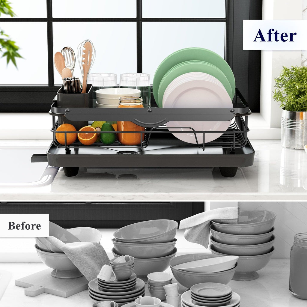 Kitsure Dish Drying Rack for Kitchen Counter, Stainless Steel Sink Organization and Storage Essentials with Cutlery Holder, Home and Appartment Decor, 12''W x 15.5''L, Black