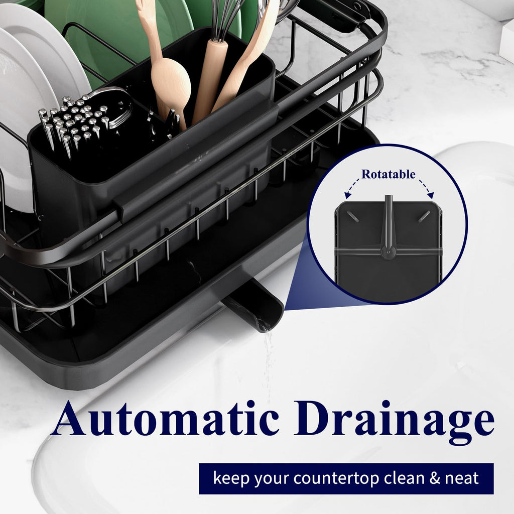 Kitsure Dish Drying Rack for Kitchen Counter, Stainless Steel Sink Organization and Storage Essentials with Cutlery Holder, Home and Appartment Decor, 12''W x 15.5''L, Black