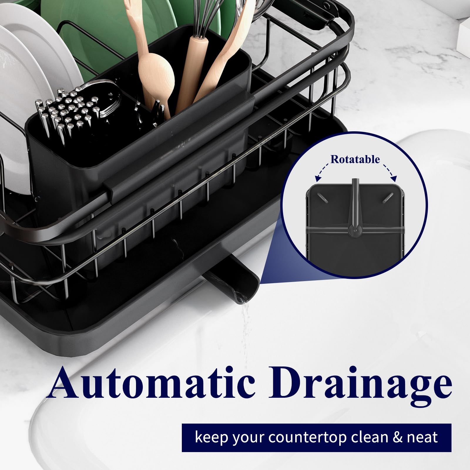 Kitsure Dish Drying Rack for Kitchen Counter, Stainless Steel Sink Organization and Storage Essentials with Cutlery Holder, Home and Appartment Decor, 12''W x 15.5''L, Black