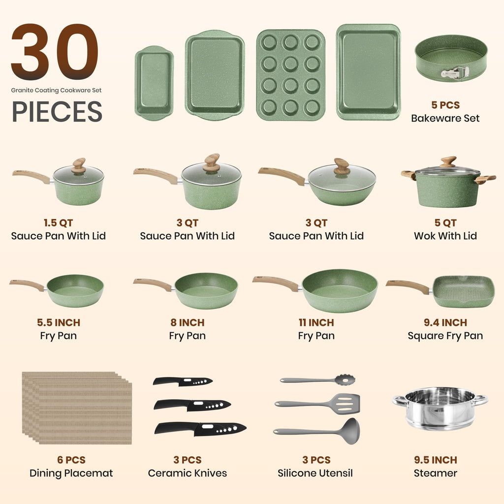 Kitchen Induction Cookware & Bakeware Set - 30 Piece Black Granite Cooking Pans Set, Non-Stick Pots and Pans Set