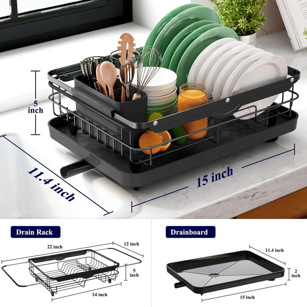 Kitsure Dish Drying Rack for Kitchen Counter, Stainless Steel Sink Organization and Storage Essentials with Cutlery Holder, Home and Appartment Decor, 12''W x 15.5''L, Black