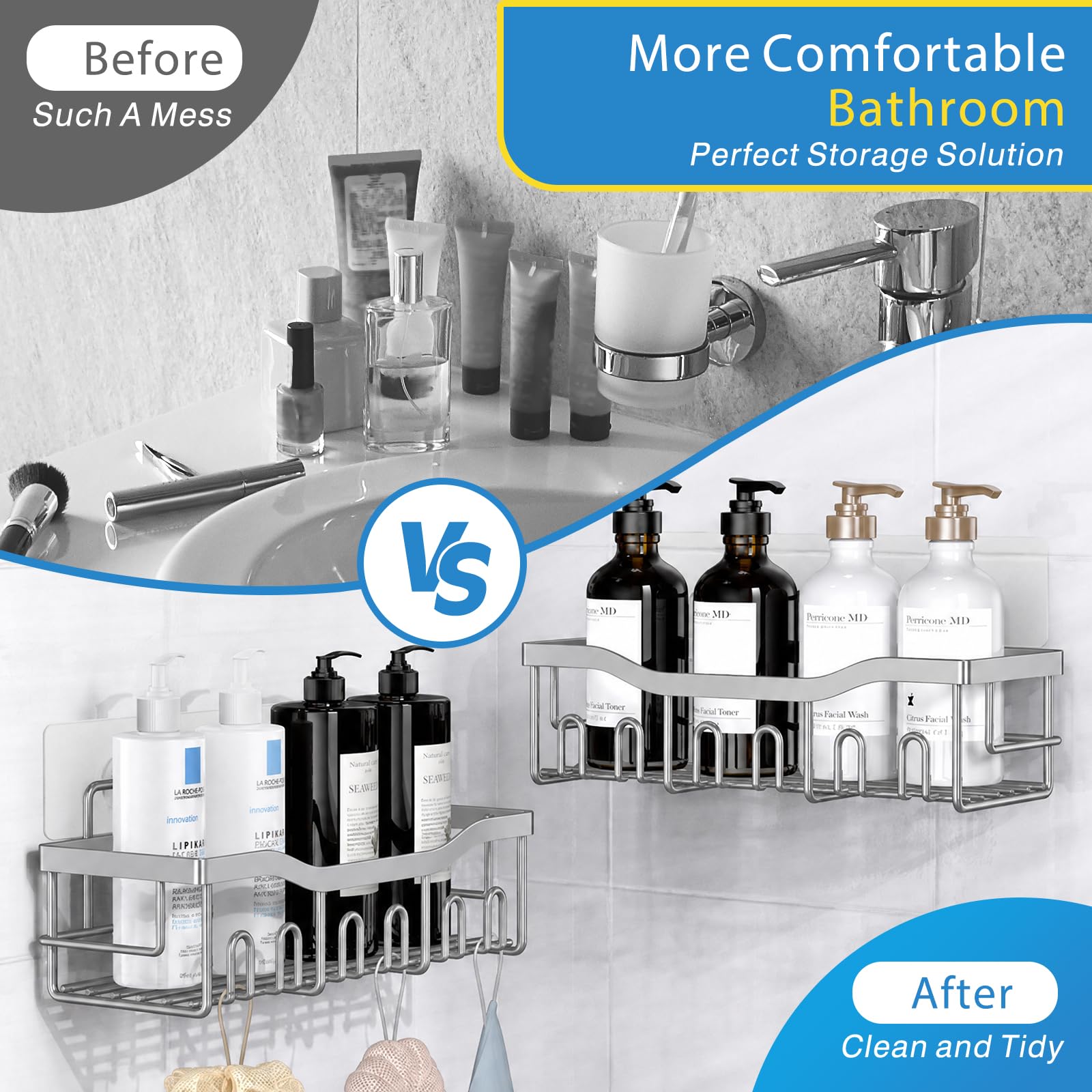 EUDELE Adhesive Shower Caddy, 5 Pack Rustproof Stainless Steel Bath Organizers With Large Capacity, No Drilling Shelves for Bathroom Storage & Home Decor