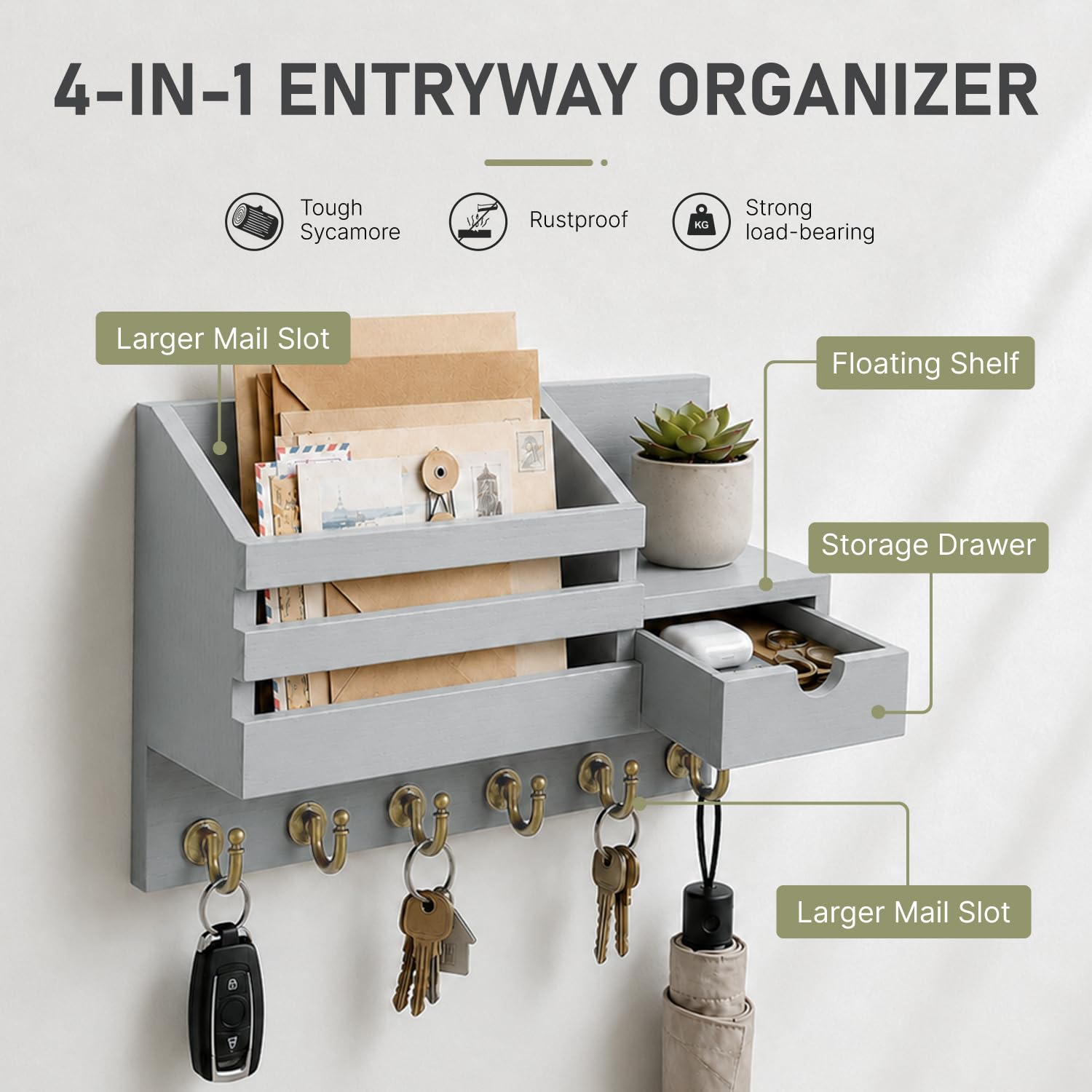 FifthQuarter Key and Mail Holder for Wall, Mail Organizer Wall Mount with 6 Hooks and Storage Drawer, Easy Installation Key Rack for Entryway and Home Decor (A-Black)