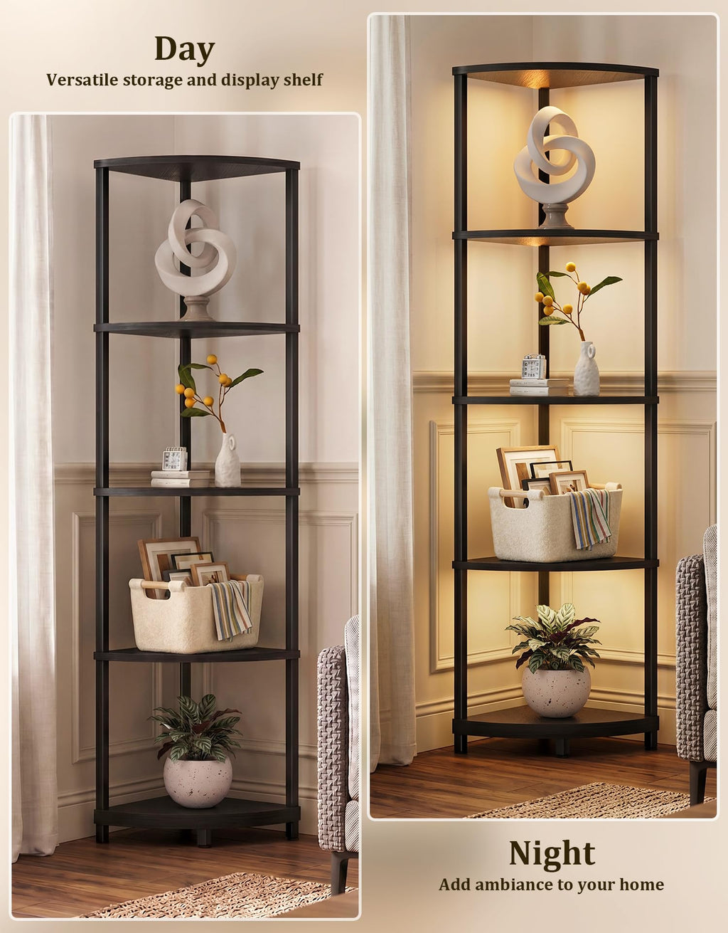 Corner Shelf with RGBCW LED Light, 64.5” Tall Floor Lamp Narrow Bookshelf Organizer, Standing Shelves with Metal Pole, Display Storage Rack for Wall Corner, Living Room, Bedroom, Office Décor, Black