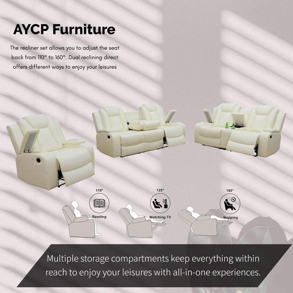 Power Recliner Set with LED Lights, Air Leather Reclining Set with USB Port/Wireless Charger/Storage Console/Cup Holder for House/HomeTheater/Apt (Black, Sofa Loveseat Chair)
