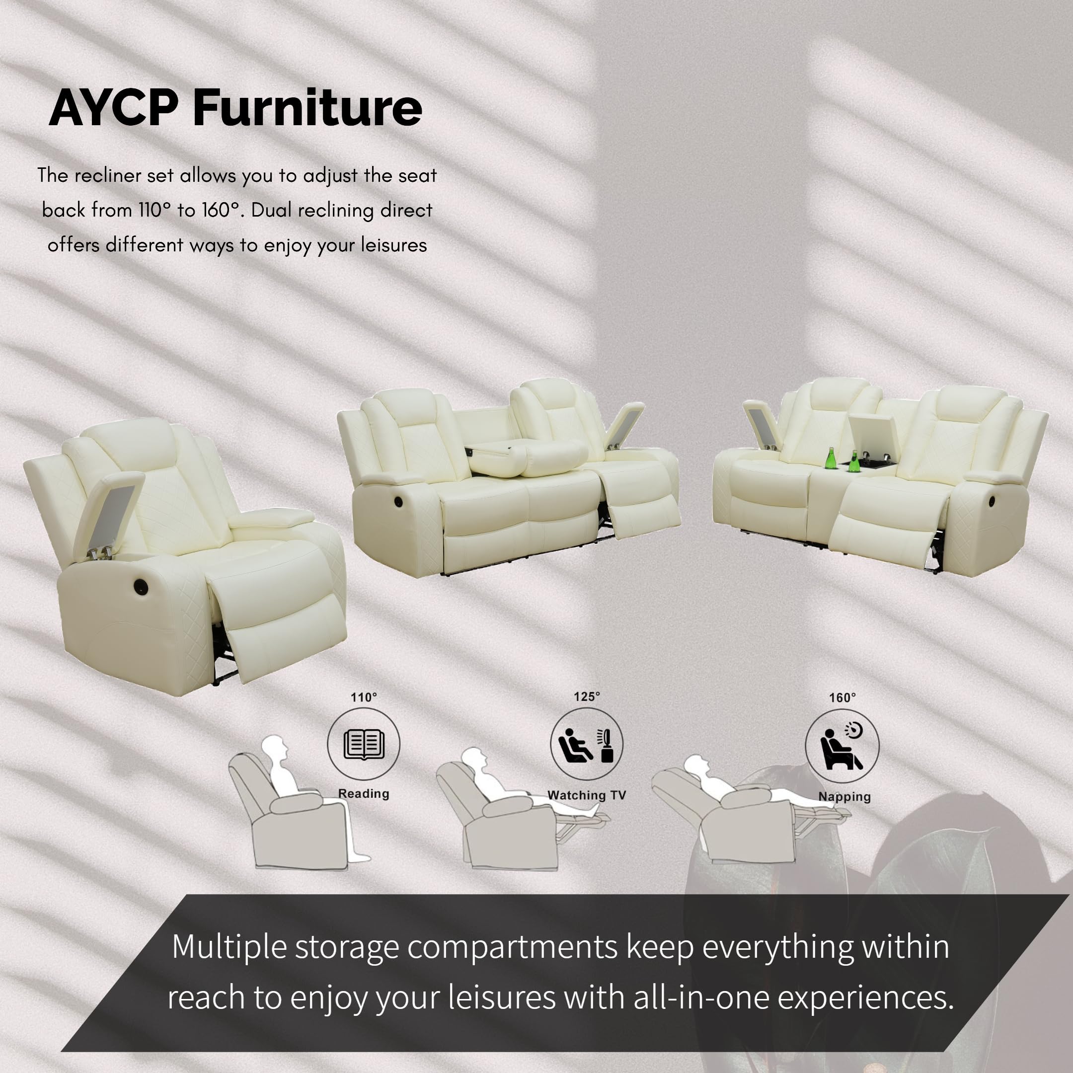 Power Recliner Set with LED Lights, Air Leather Reclining Set with USB Port/Wireless Charger/Storage Console/Cup Holder for House/HomeTheater/Apt (Black, Sofa Loveseat Chair)