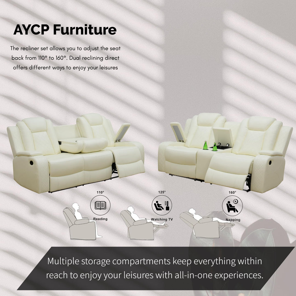 Power Recliner Set with LED Lights, Air Leather Reclining Set with USB Port/Wireless Charger/Storage Console/Cup Holder for House/HomeTheater/Apt (Black, Sofa Loveseat Chair)