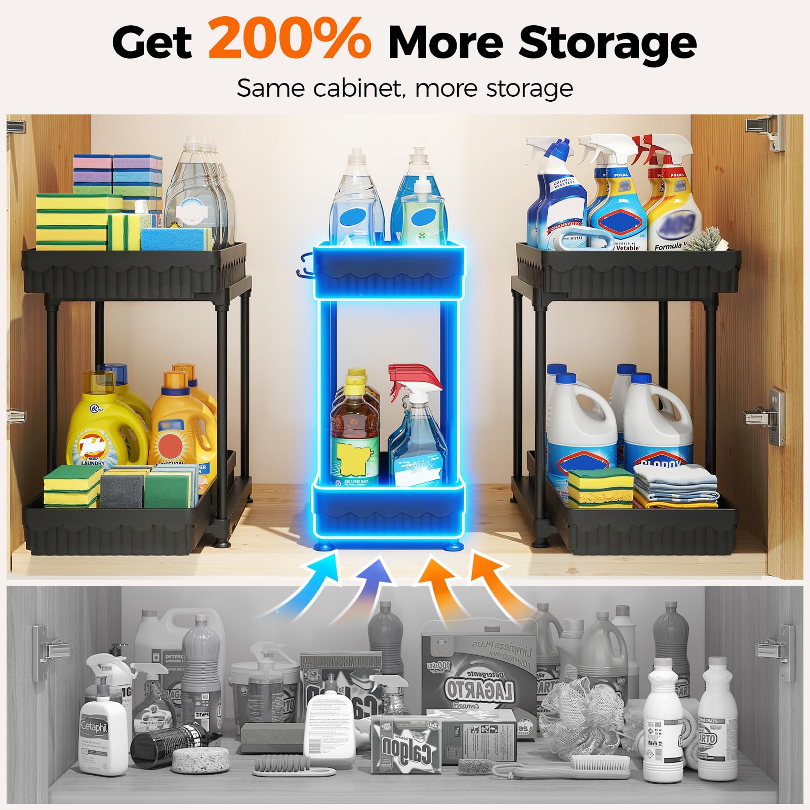 Sevenblue 3 Pack Under Sink Organizers,2-Tier Multi-Use Kitchen and Bathroom Organizers and Storage with Sliding Drawers,Bathroom Cabinet Organizer (Black, 12.8 Inch)