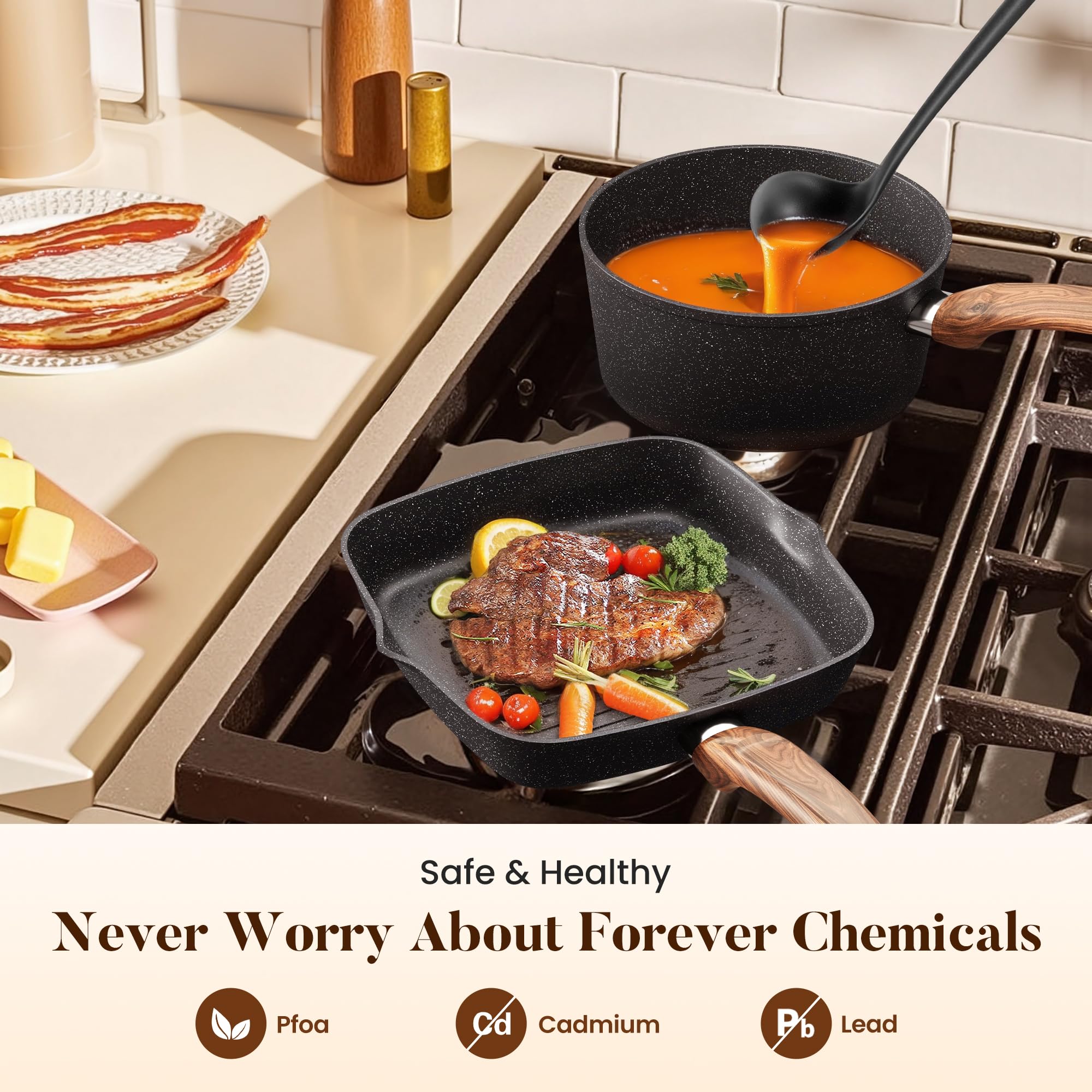 Kitchen Induction Cookware & Bakeware Set - 30 Piece Black Granite Cooking Pans Set, Non-Stick Pots and Pans Set