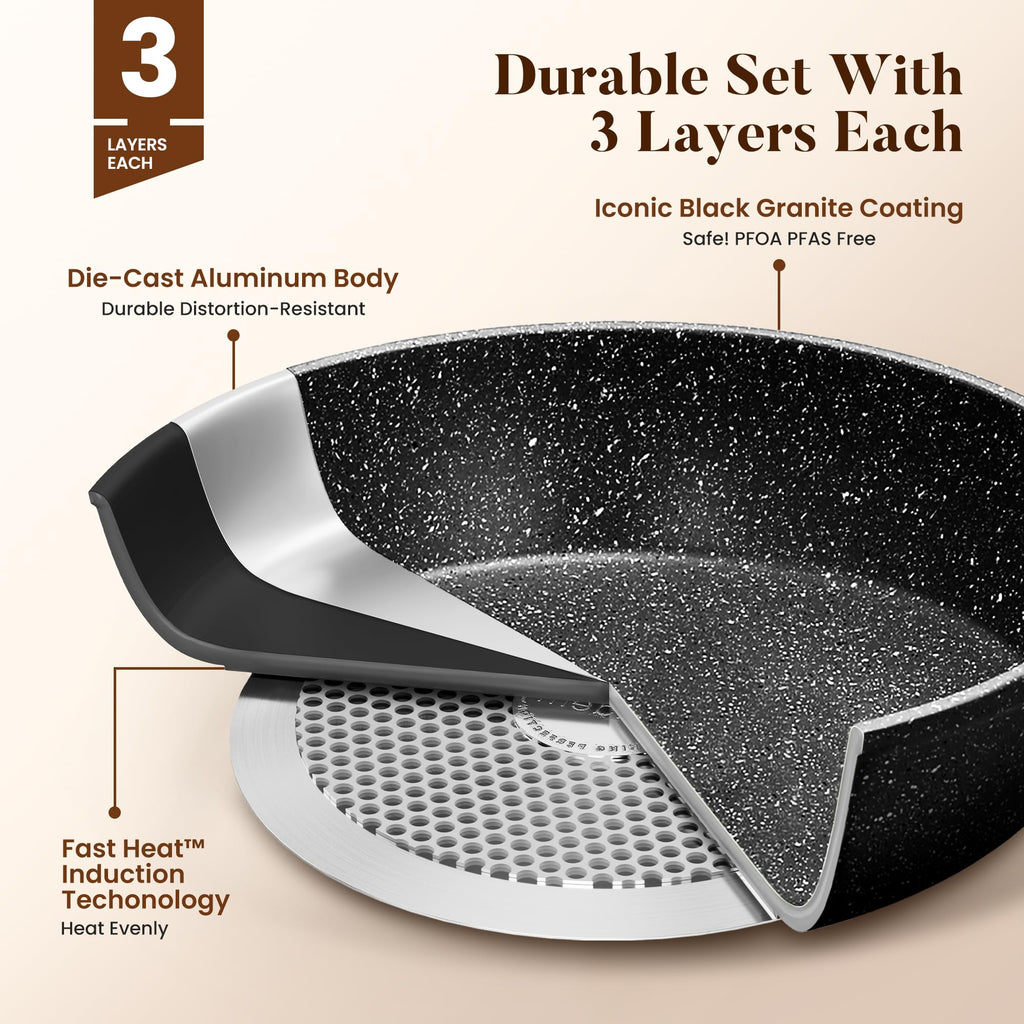 Kitchen Induction Cookware & Bakeware Set - 30 Piece Black Granite Cooking Pans Set, Non-Stick Pots and Pans Set