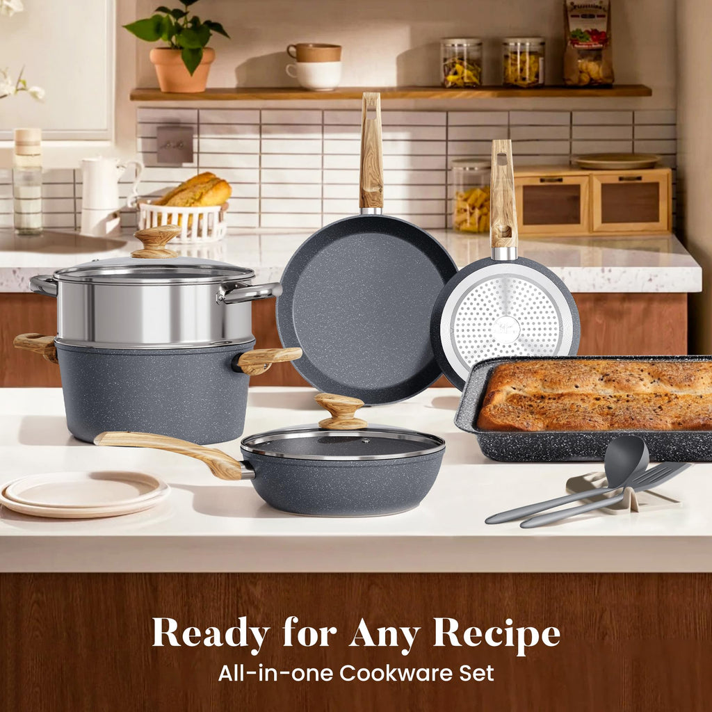 Kitchen Induction Cookware & Bakeware Set - 30 Piece Black Granite Cooking Pans Set, Non-Stick Pots and Pans Set