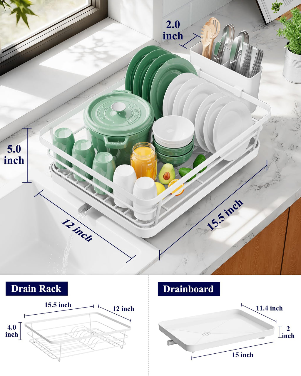 Kitsure Dish Drying Rack for Kitchen Counter, Stainless Steel Sink Organization and Storage Essentials with Cutlery Holder, Home and Appartment Decor, 12''W x 15.5''L, Black