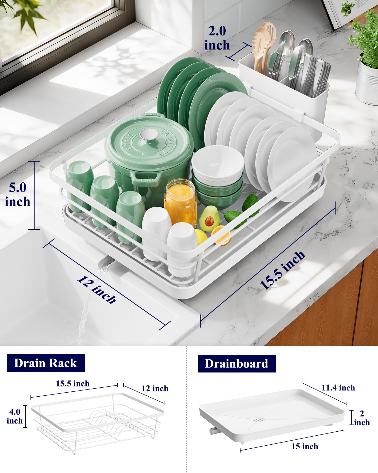 Kitsure Dish Drying Rack for Kitchen Counter, Stainless Steel Sink Organization and Storage Essentials with Cutlery Holder, Home and Appartment Decor, 12''W x 15.5''L, Black