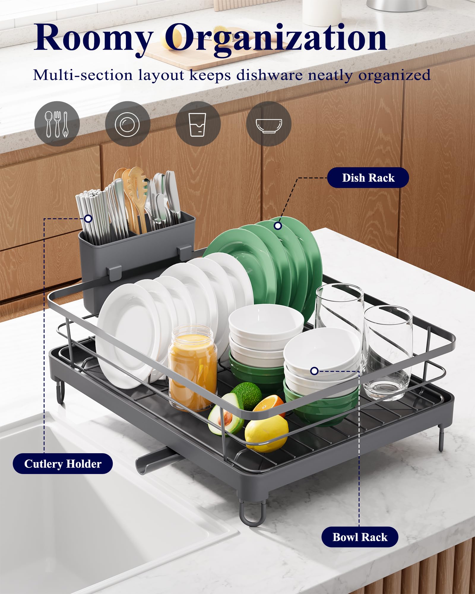 Kitsure Dish Drying Rack for Kitchen Counter, Stainless Steel Sink Organization and Storage Essentials with Cutlery Holder, Home and Appartment Decor, 12''W x 15.5''L, Black