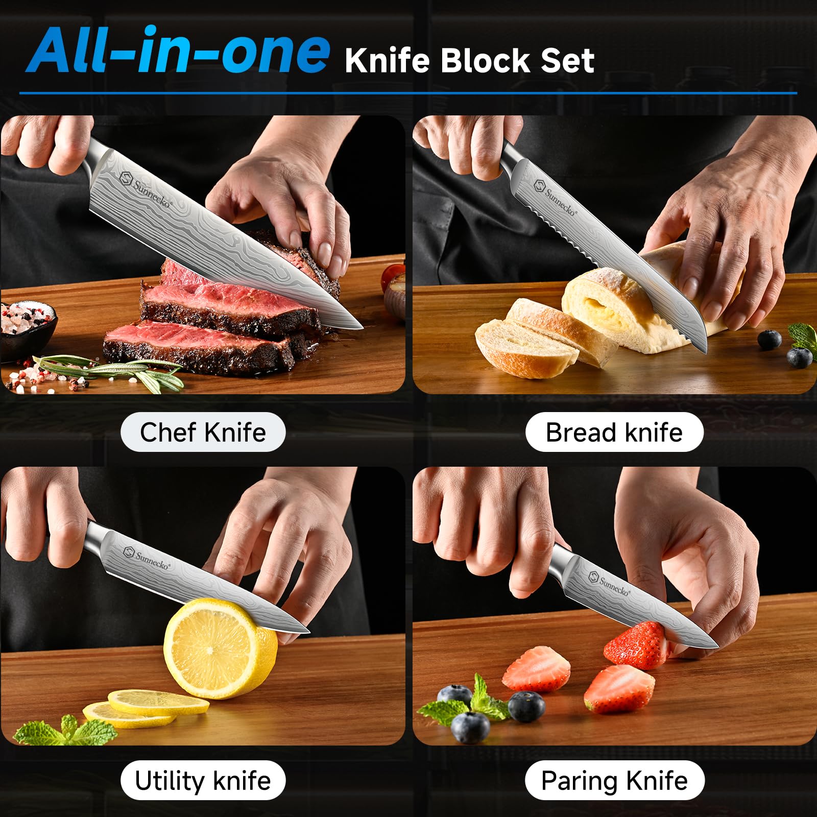 Sunnecko Knife Set with Block and Sharpener, 15 Piece Kitchen Knife Block Set Sharp Kitchen Knives High Carbon Stainless Steel with White Handles
