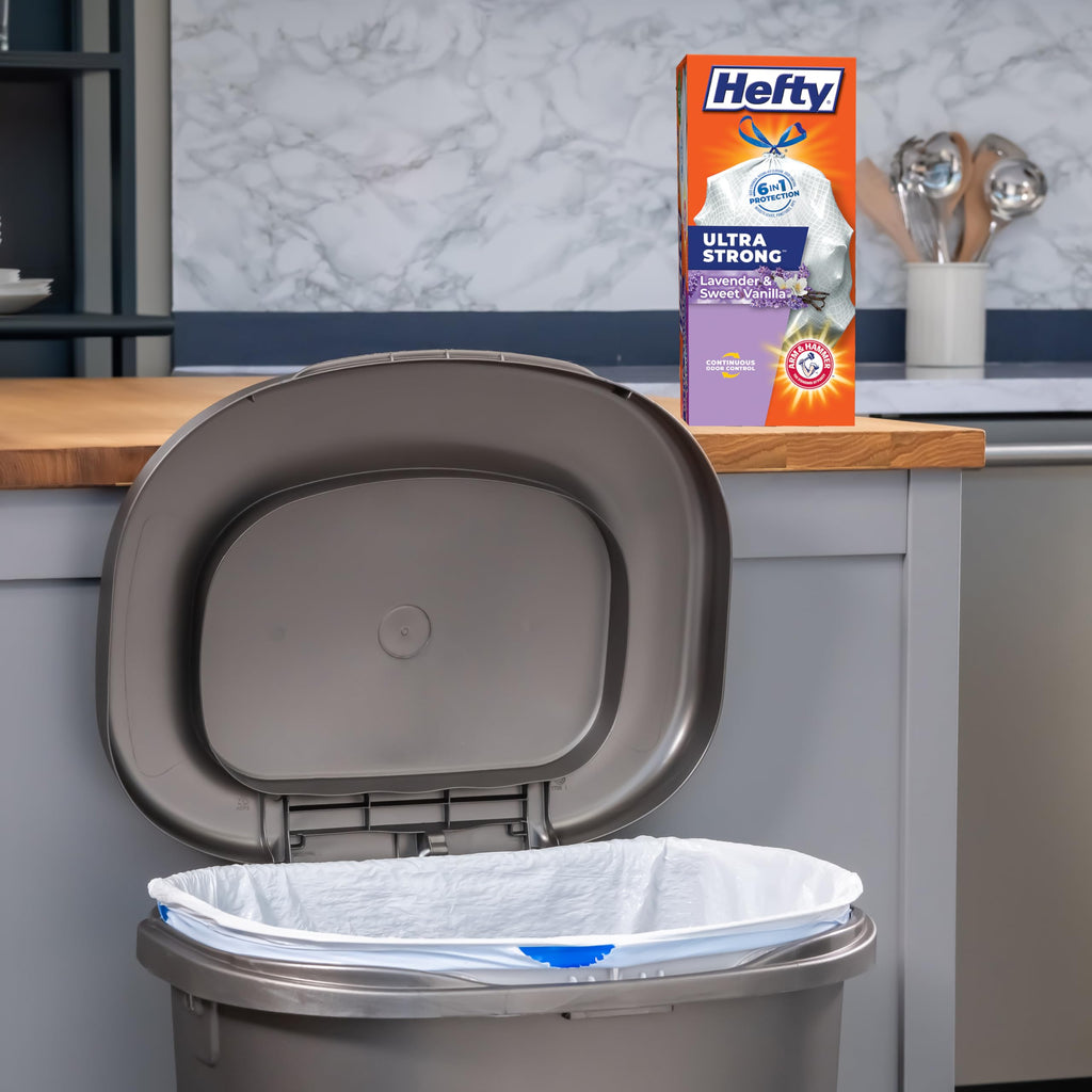 Hefty Ultra Strong 13 Gallon Trash Bags, Tall Kitchen, Drawstring Closure, Odor Control, White, Lavender, Sweet Vanilla, 80 Count