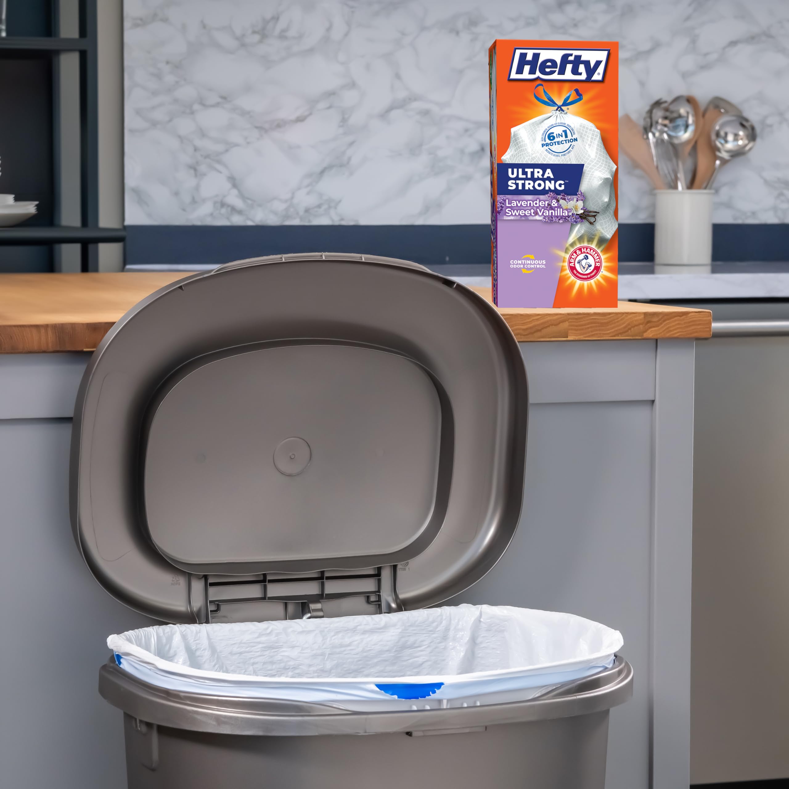 Hefty Ultra Strong 13 Gallon Trash Bags, Tall Kitchen, Drawstring Closure, Odor Control, White, Lavender, Sweet Vanilla, 80 Count