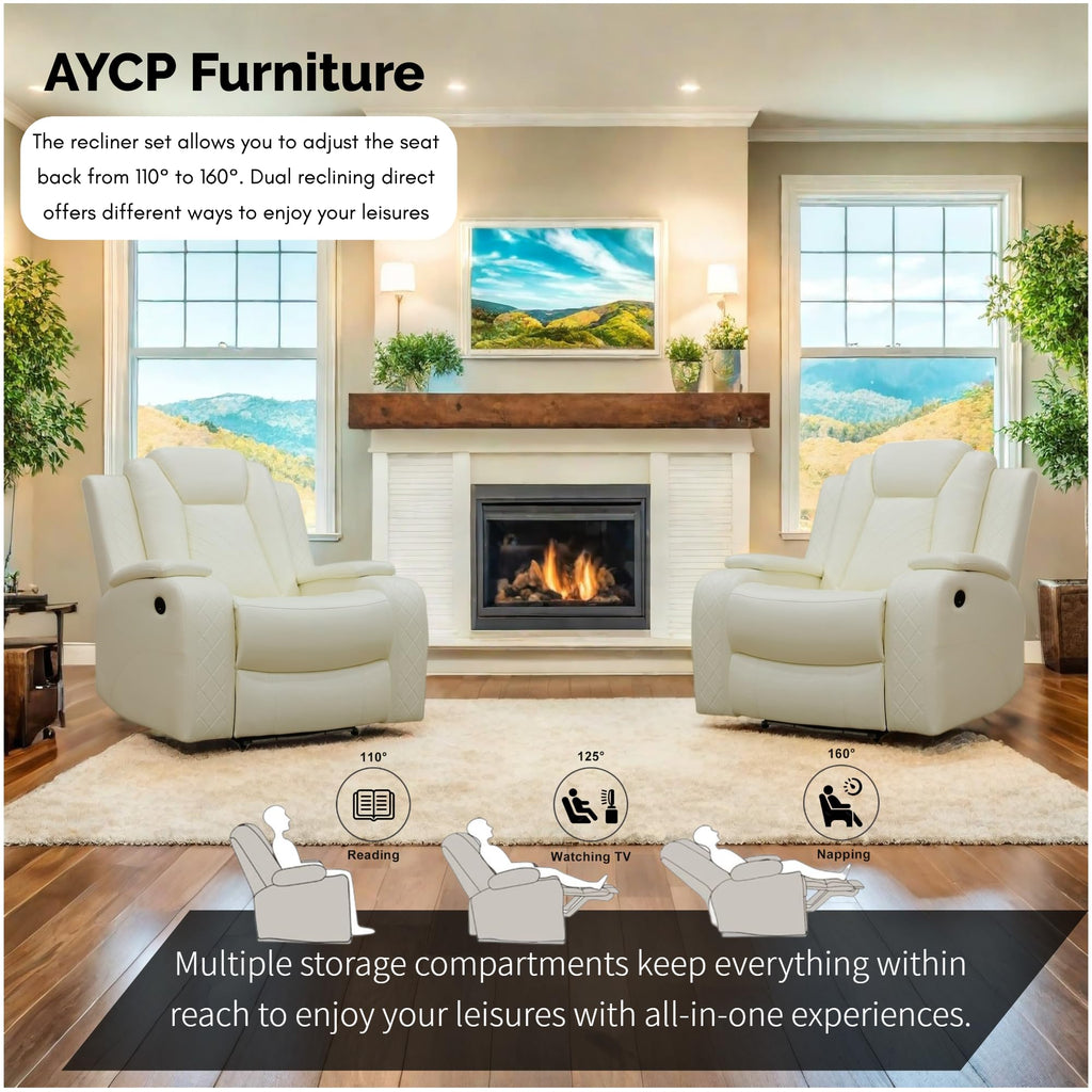 Power Recliner Set with LED Lights, Air Leather Reclining Set with USB Port/Wireless Charger/Storage Console/Cup Holder for House/HomeTheater/Apt (Black, Sofa Loveseat Chair)